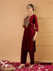 Women Maroon Velvet Embroidered Straight Kurta With Straight Pants-SHSET96664