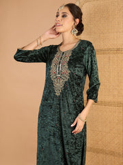 Women Green Velvet Embroidered Straight Kurta With Straight Pants-SHSET96665