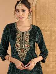 Women Green Velvet Embroidered Straight Kurta With Straight Pants-SHSET96665