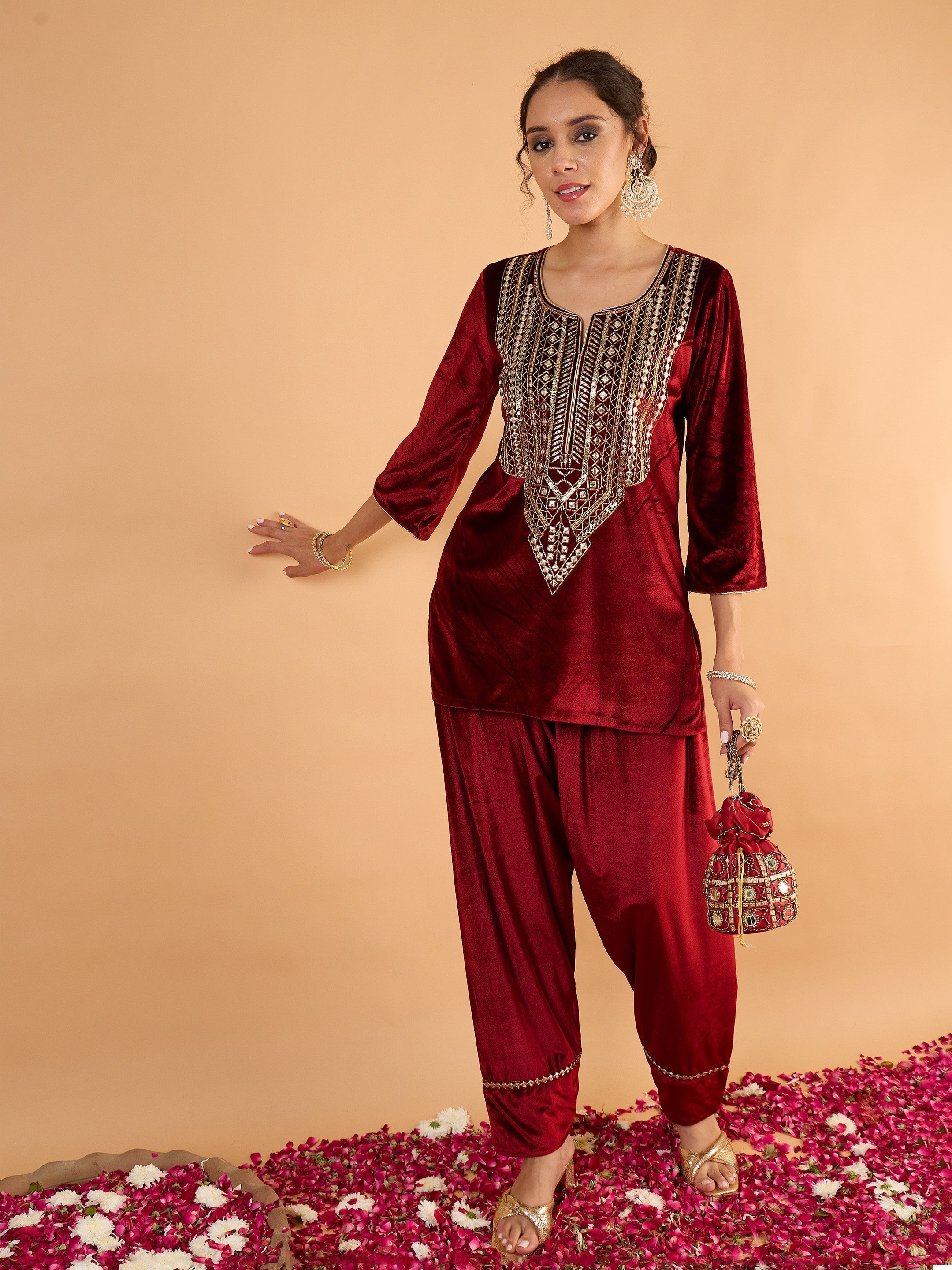 Women Maroon Velvet Embroidered Short Kurta With Farshi Salwar-SHSET96666