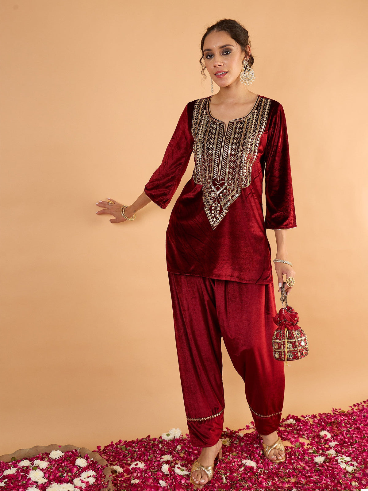 Women Maroon Velvet Embroidered Short Kurta With Farshi Salwar-SHSET96666