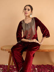 Women Maroon Velvet Embroidered Short Kurta With Farshi Salwar-SHSET96666