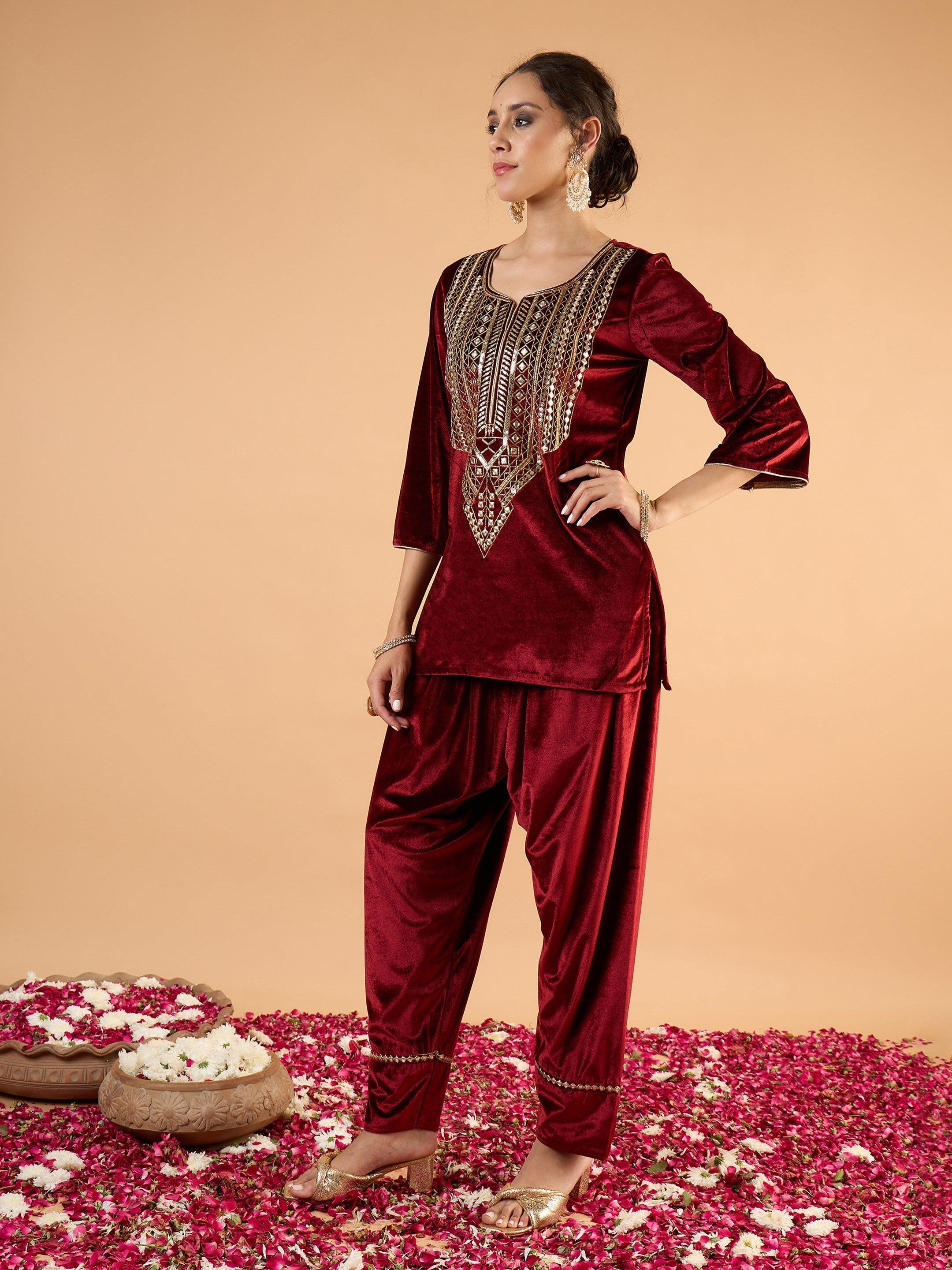 Women Maroon Velvet Embroidered Short Kurta With Farshi Salwar-SHSET96666