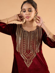 Women Maroon Velvet Embroidered Short Kurta With Farshi Salwar-SHSET96666