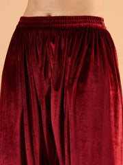 Women Maroon Velvet Embroidered Short Kurta With Farshi Salwar-SHSET96666