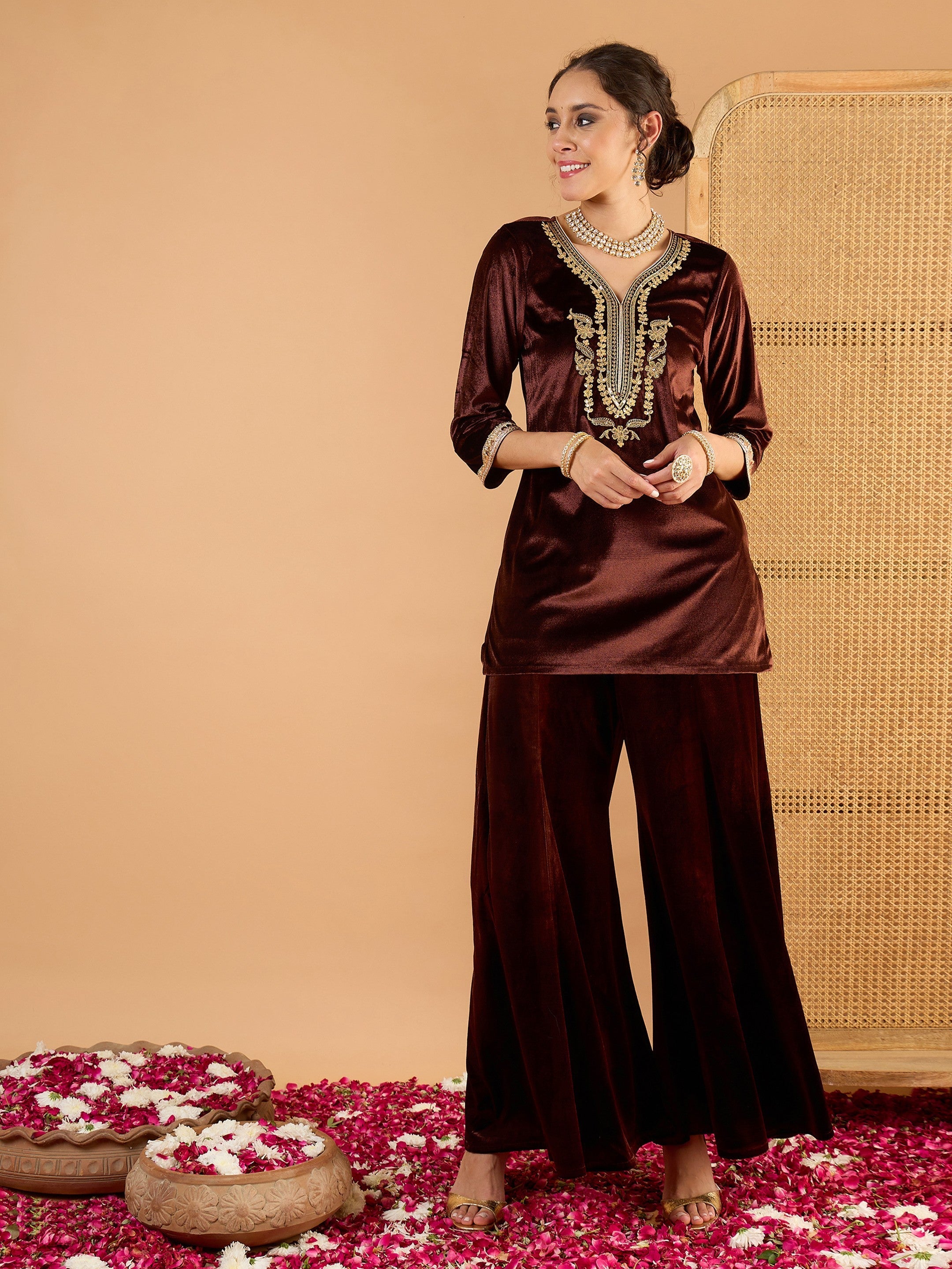 Women Brown Velvet Embroidered Short Kurta With Palazzo-SHSET96667