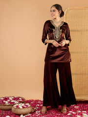 Women Brown Velvet Embroidered Short Kurta With Palazzo-SHSET96667