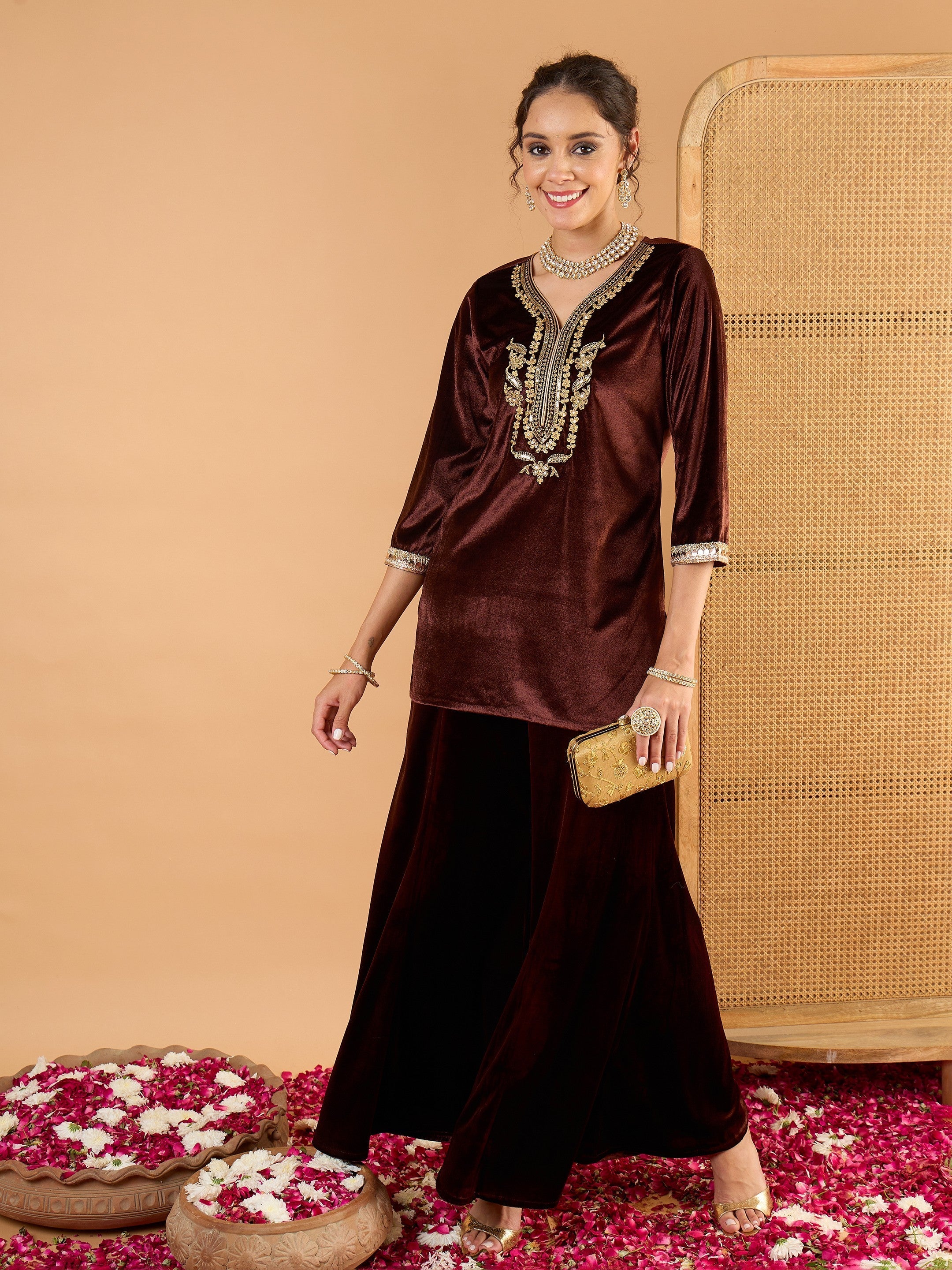 Women Brown Velvet Embroidered Short Kurta With Palazzo-SHSET96667