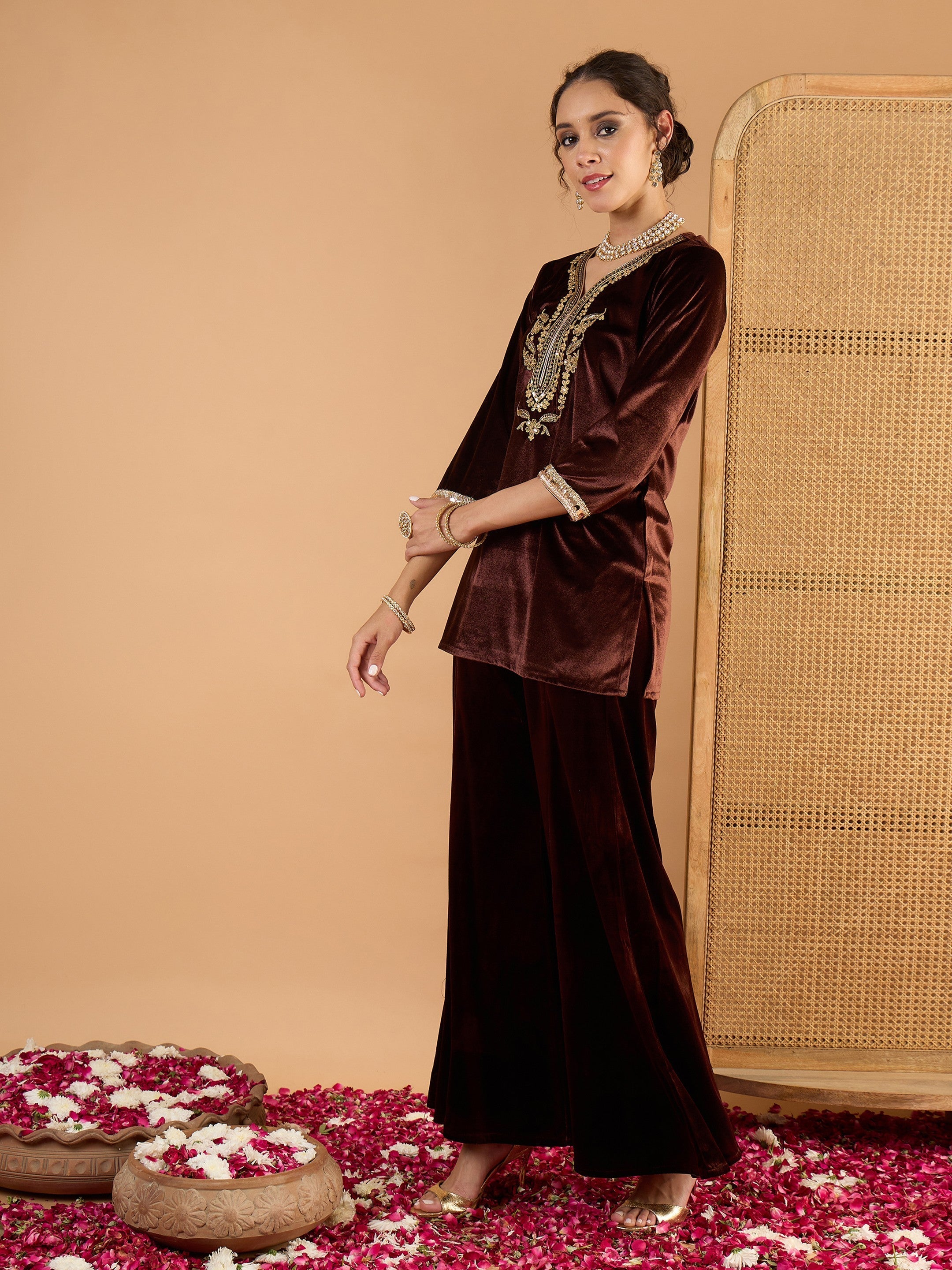 Women Brown Velvet Embroidered Short Kurta With Palazzo-SHSET96667