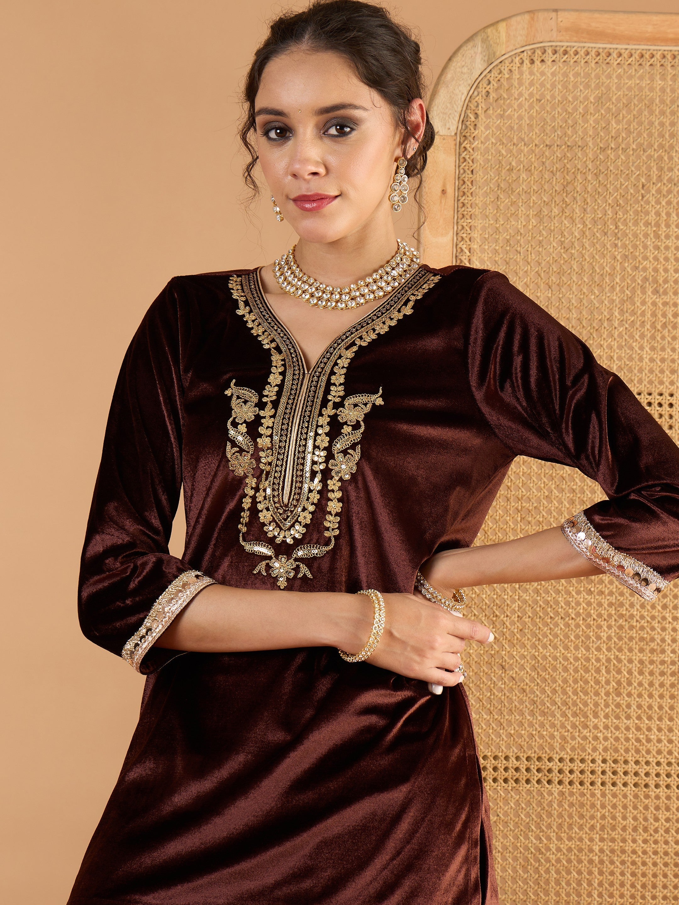 Women Brown Velvet Embroidered Short Kurta With Palazzo-SHSET96667