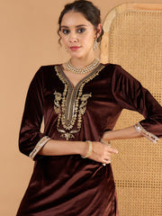 Women Brown Velvet Embroidered Short Kurta With Palazzo-SHSET96667