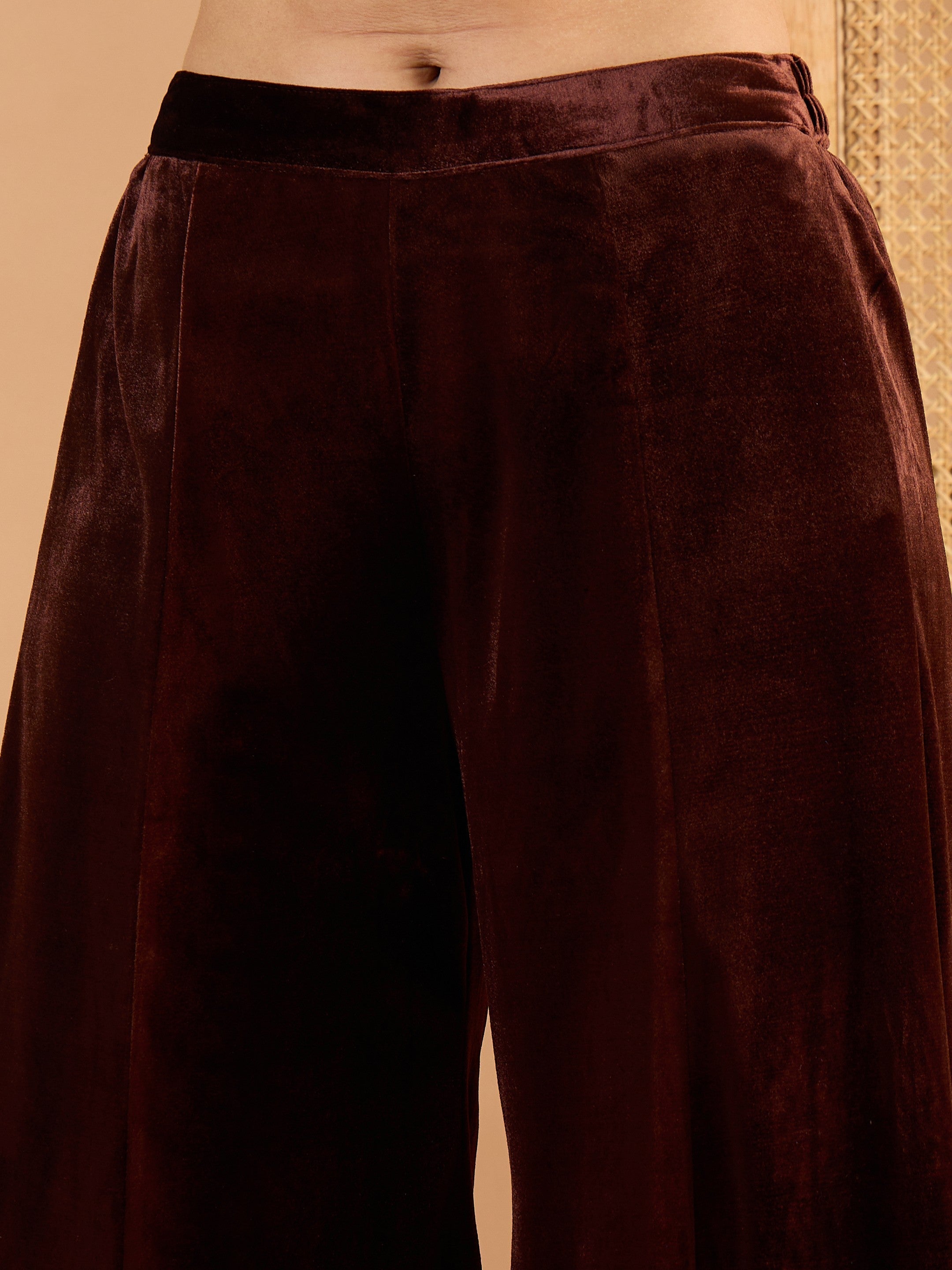 Women Brown Velvet Embroidered Short Kurta With Palazzo-SHSET96667