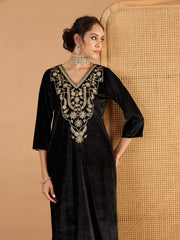 Women Black Velvet Embroidered Straight Kurta With Straight Pants-SHSET96669