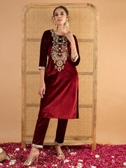 Women Maroon Velvet Embroidered Round Neck Kurta With Pencil Pants-SHSET96671