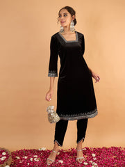 Women Black Velvet Embroidered Kurta With Tulip Pants-SHSET96672