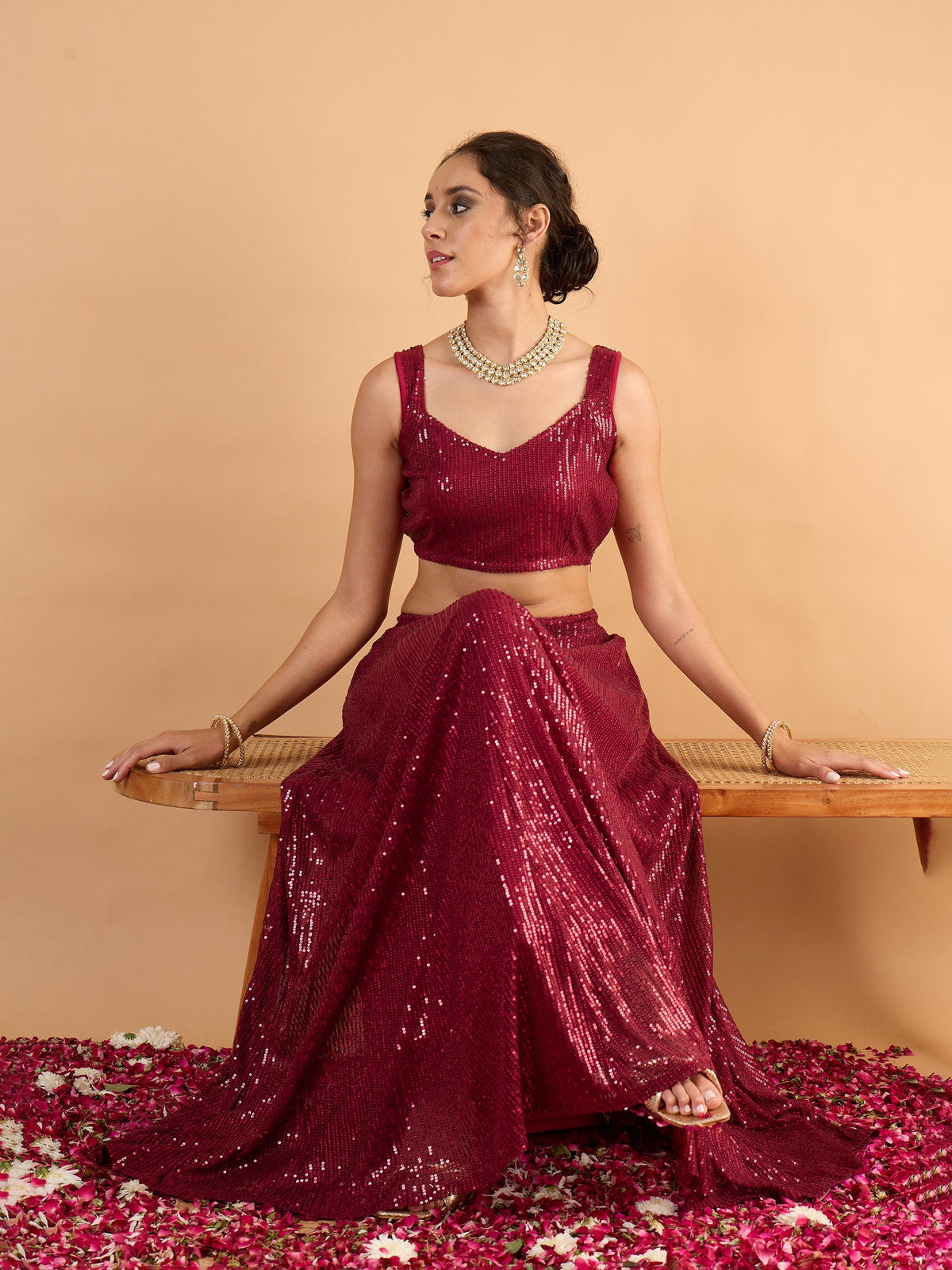 Women Maroon Sequence Sleeveless Crop Top With Anarkali Skirt-SHSET96673