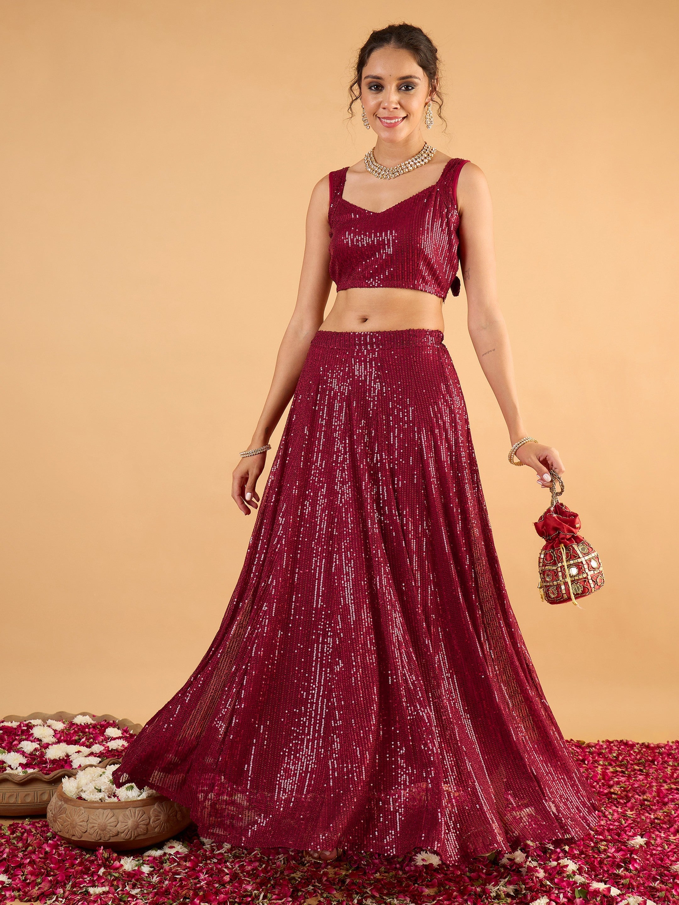 Women Maroon Sequence Sleeveless Crop Top With Anarkali Skirt-SHSET96673