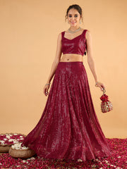 Women Maroon Sequence Sleeveless Crop Top With Anarkali Skirt-SHSET96673