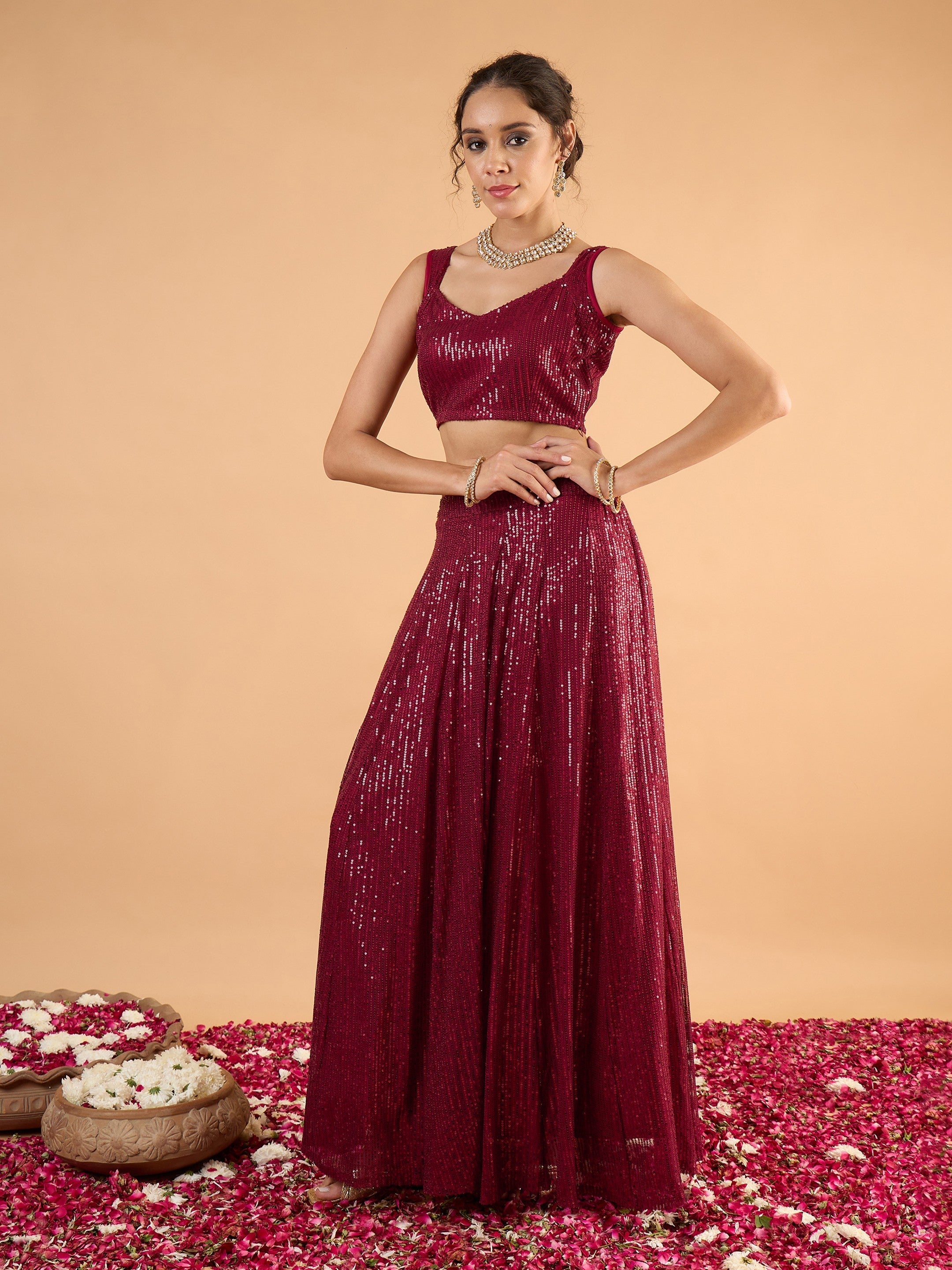 Women Maroon Sequence Sleeveless Crop Top With Anarkali Skirt-SHSET96673