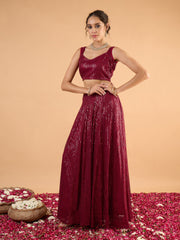 Women Maroon Sequence Sleeveless Crop Top With Anarkali Skirt-SHSET96673