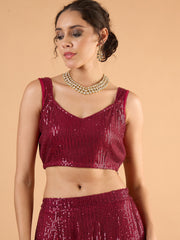 Women Maroon Sequence Sleeveless Crop Top With Anarkali Skirt-SHSET96673
