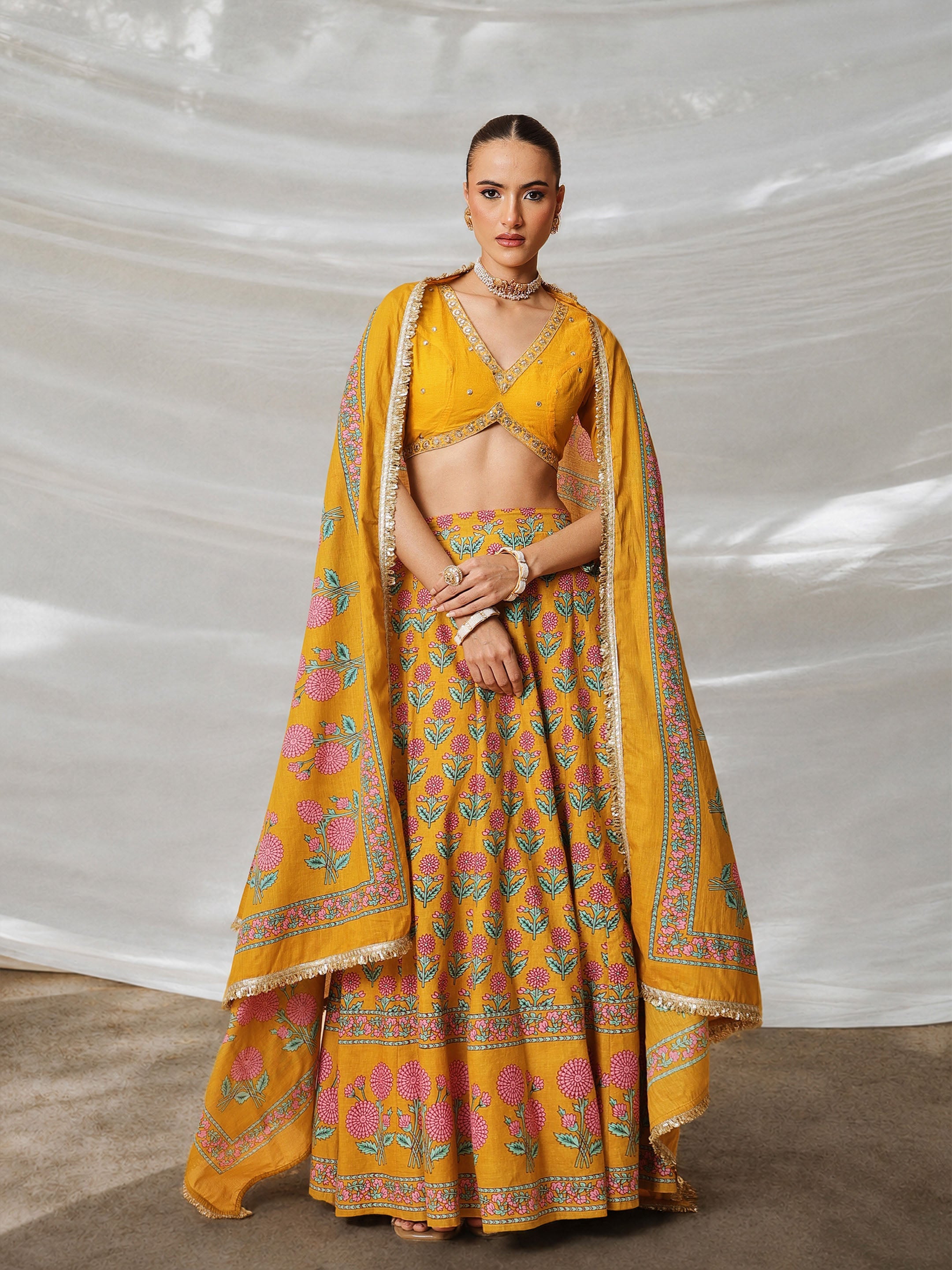 DesiQlo Yellow Embroidered Crop Top With Anarkali Skirt & Dupatta