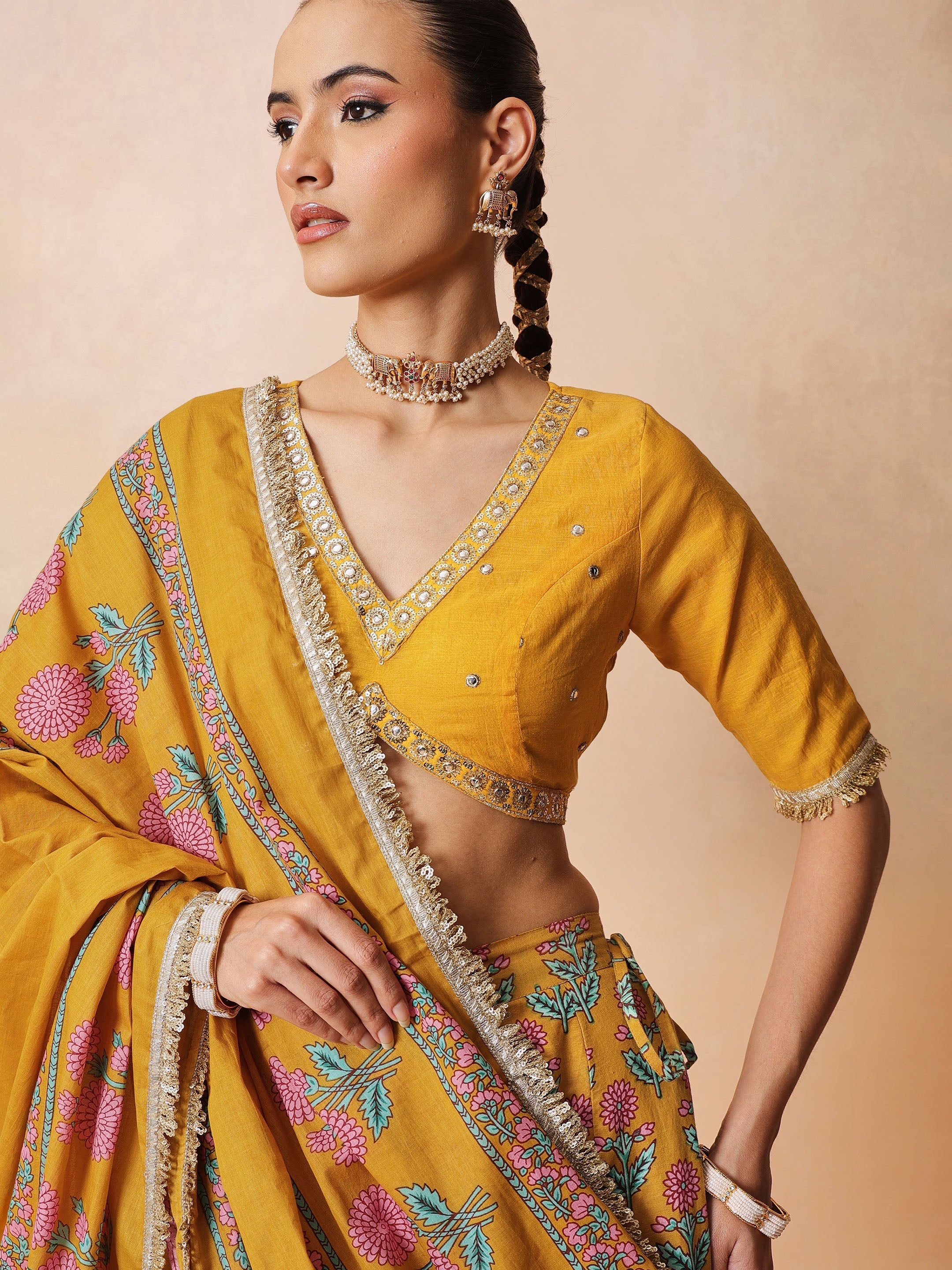 DesiQlo Yellow Embroidered Crop Top With Anarkali Skirt & Dupatta