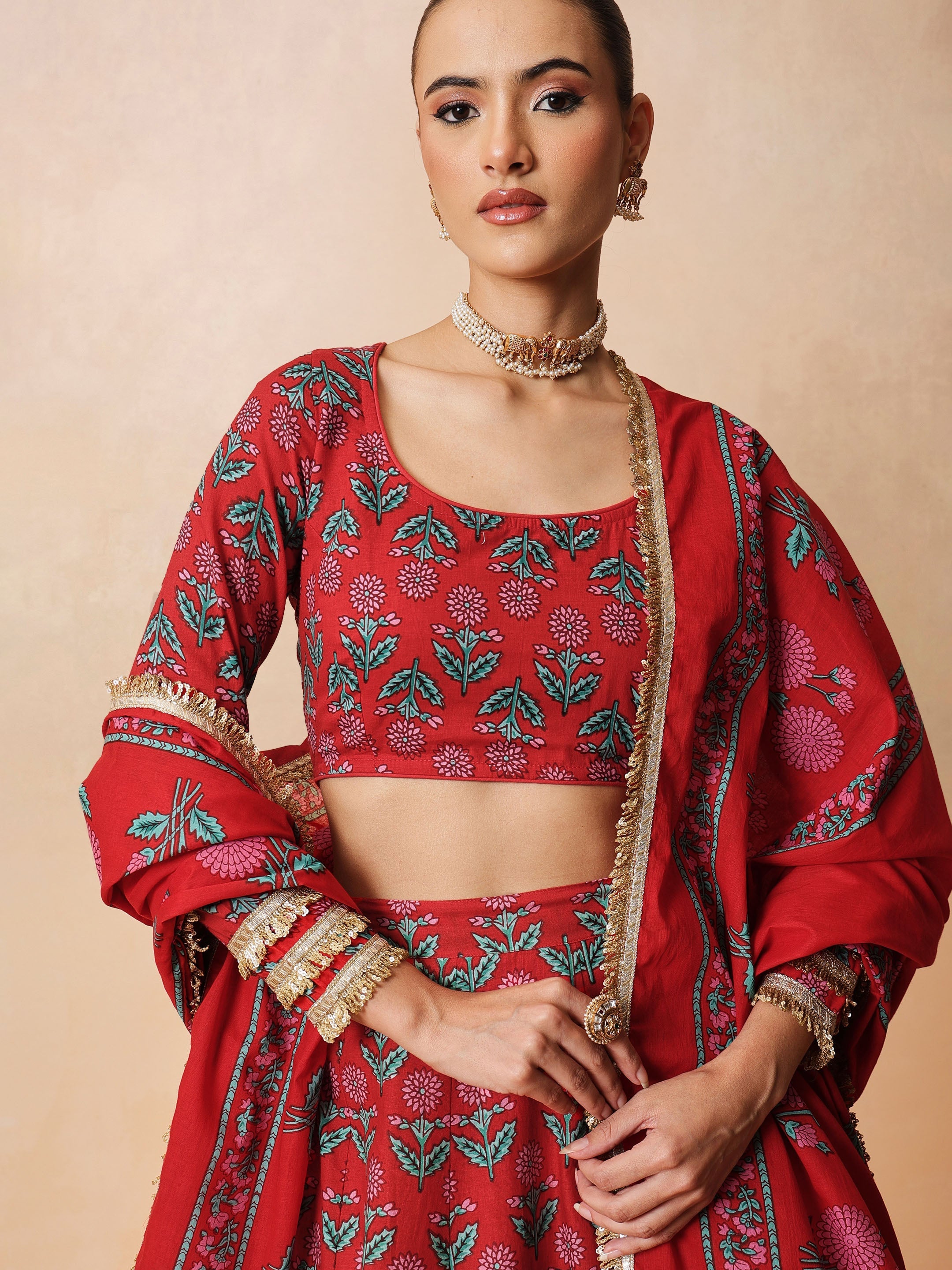 DesiQlo Red Floral Round Neck Crop Top With Anarkali Skirt & Dupa