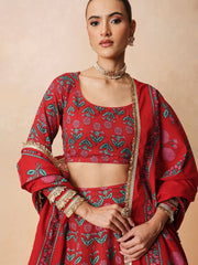 Women Red Floral Round Neck Crop Top With Anarkali Skirt & Dupatta