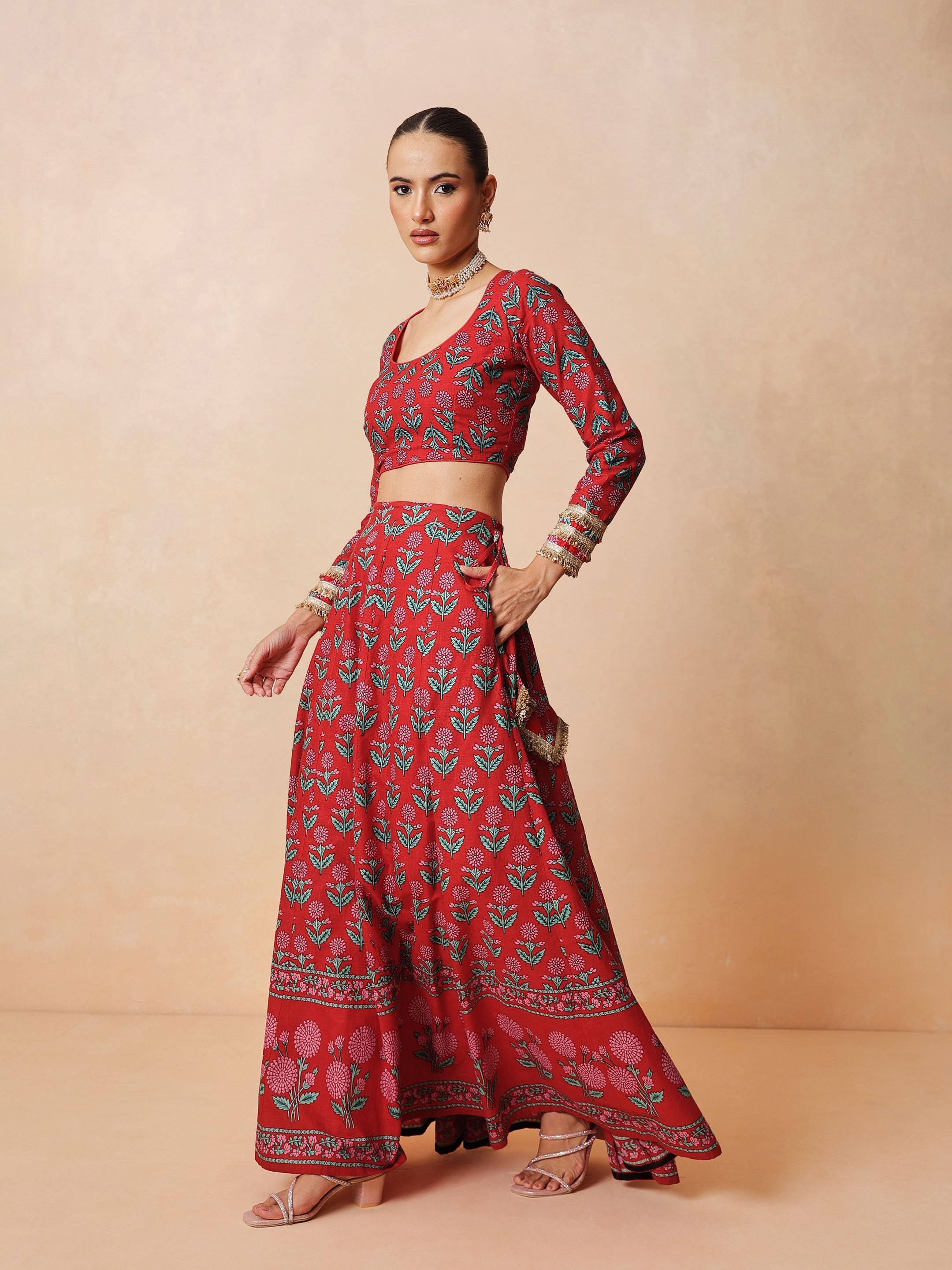 DesiQlo Red Floral Round Neck Crop Top With Anarkali Skirt & Dupa