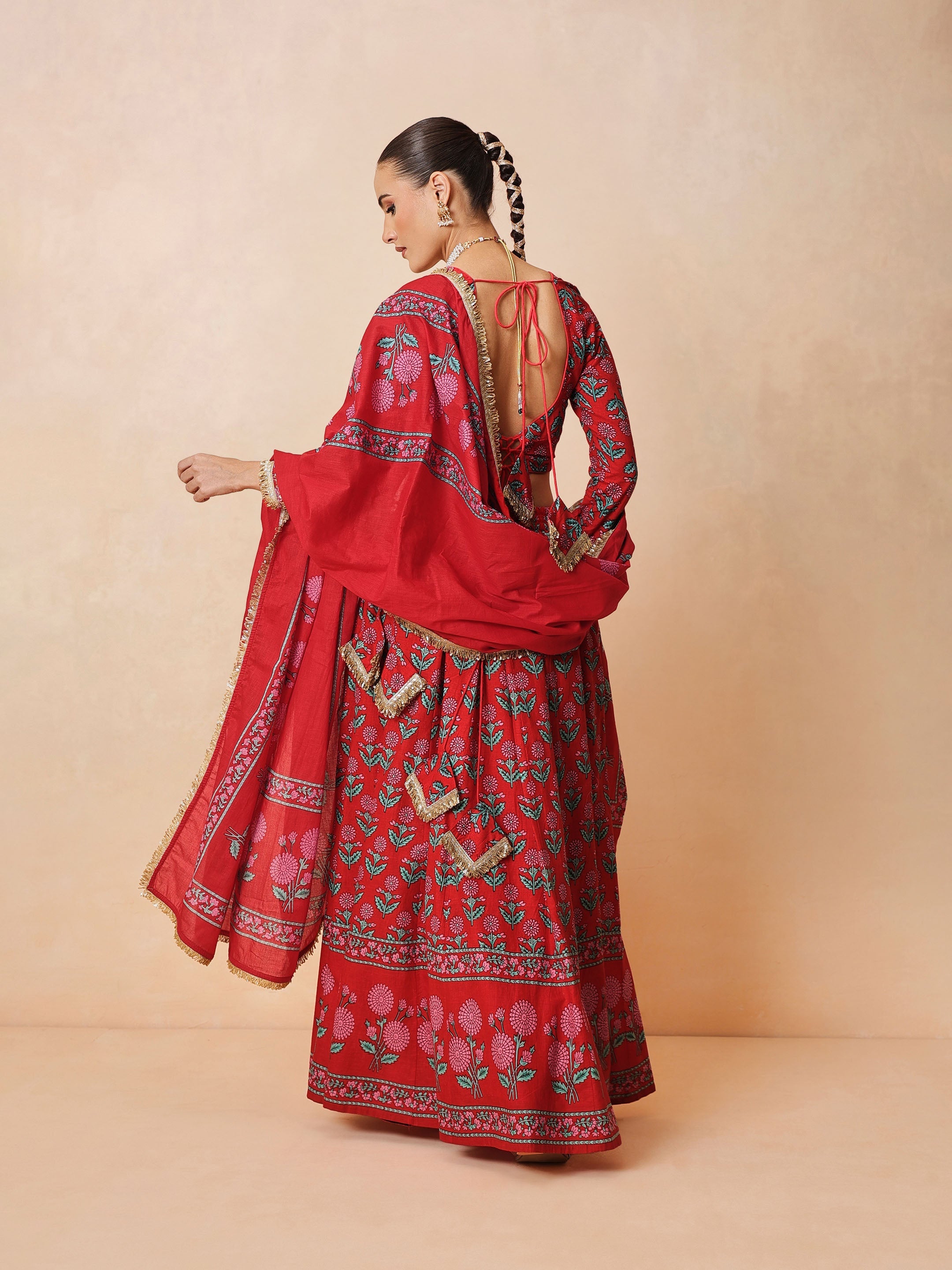DesiQlo Red Floral Round Neck Crop Top With Anarkali Skirt & Dupa