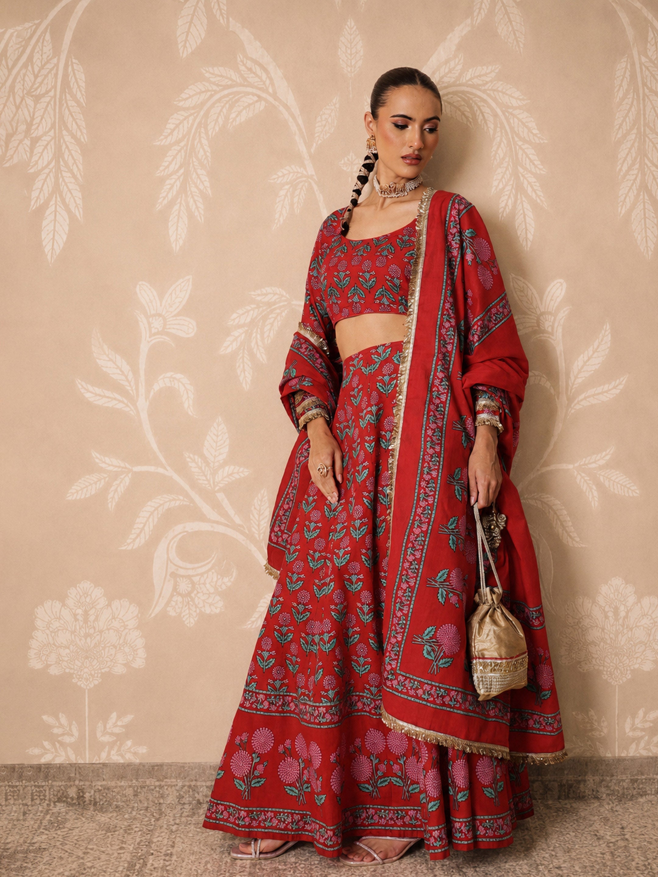 DesiQlo Red Floral Round Neck Crop Top With Anarkali Skirt & Dupa