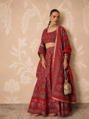 Women Red Floral Round Neck Crop Top With Anarkali Skirt & Dupatta