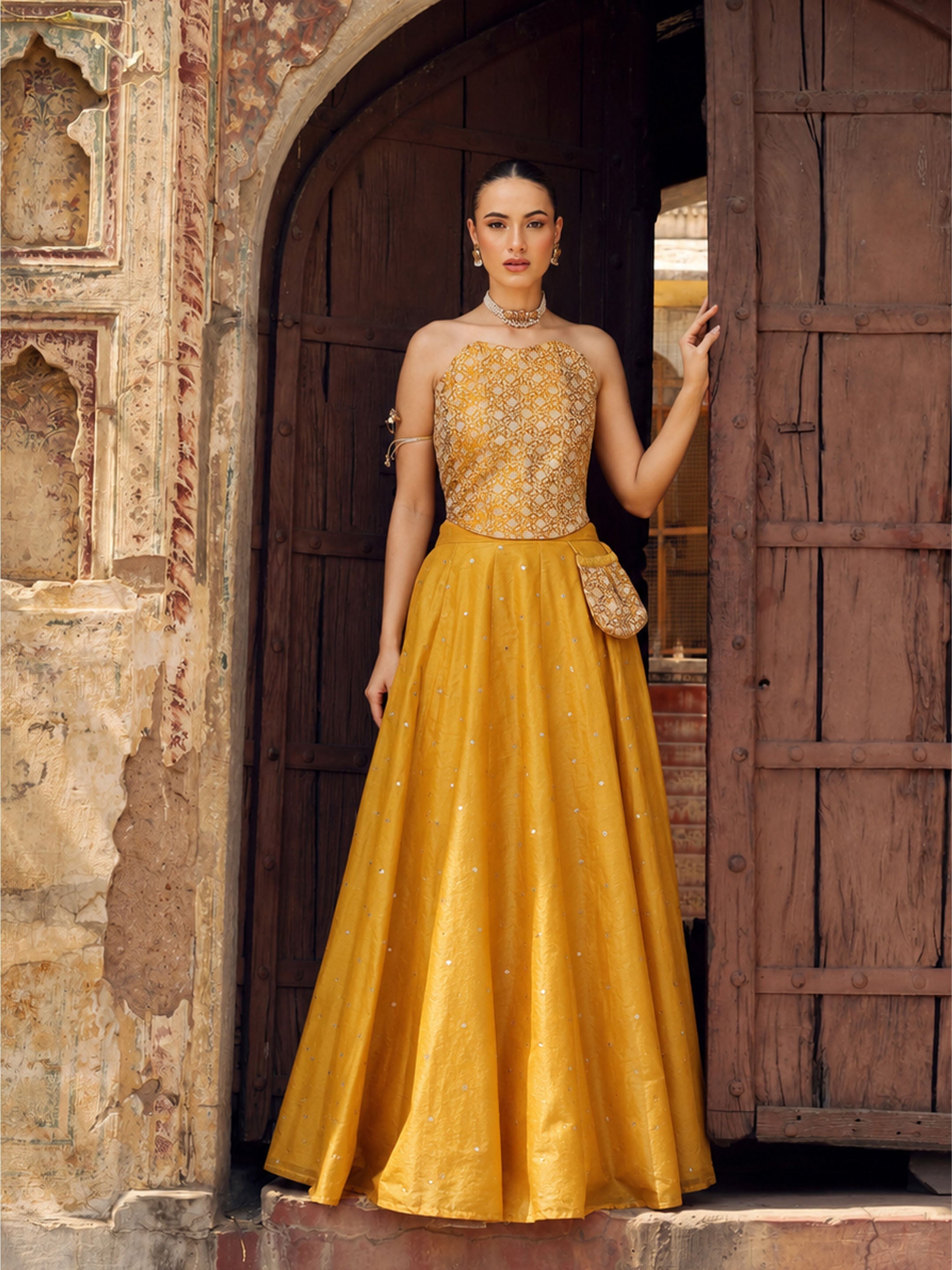 DesiQlo Yellow Brocade Corset Top With Chanderi Anarkali Skirt - 