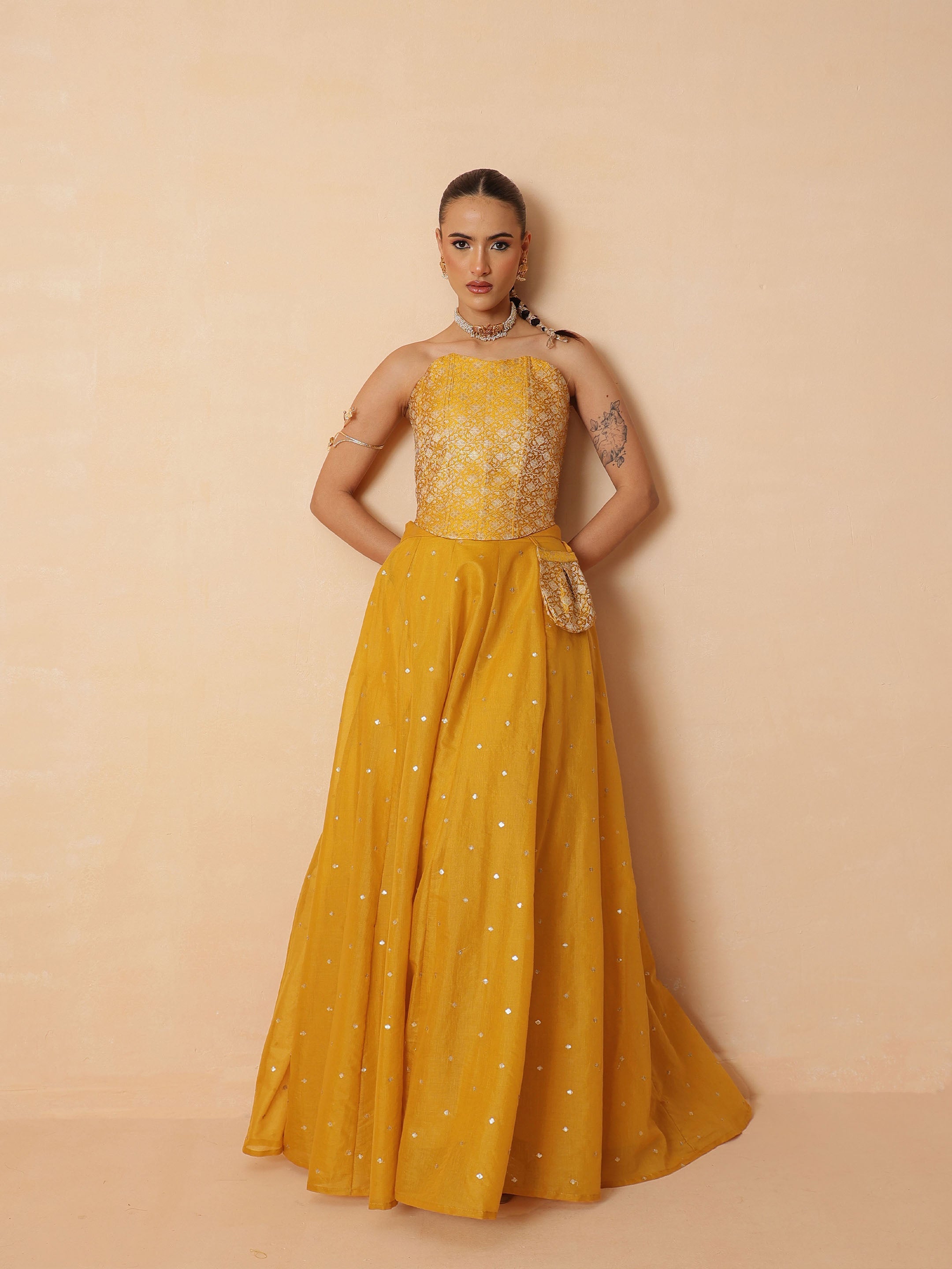 DesiQlo Yellow Brocade Corset Top With Chanderi Anarkali Skirt - 