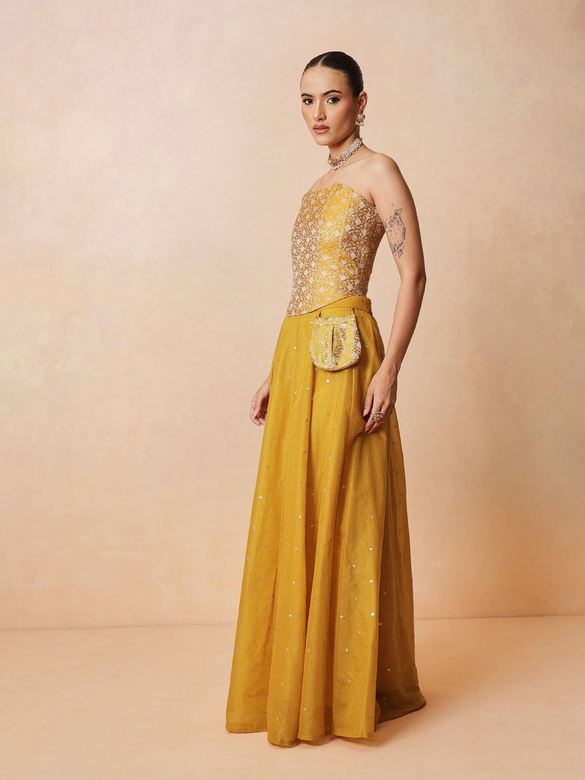 Women Yellow Brocade Corset Top With Chanderi Anarkali Skirt