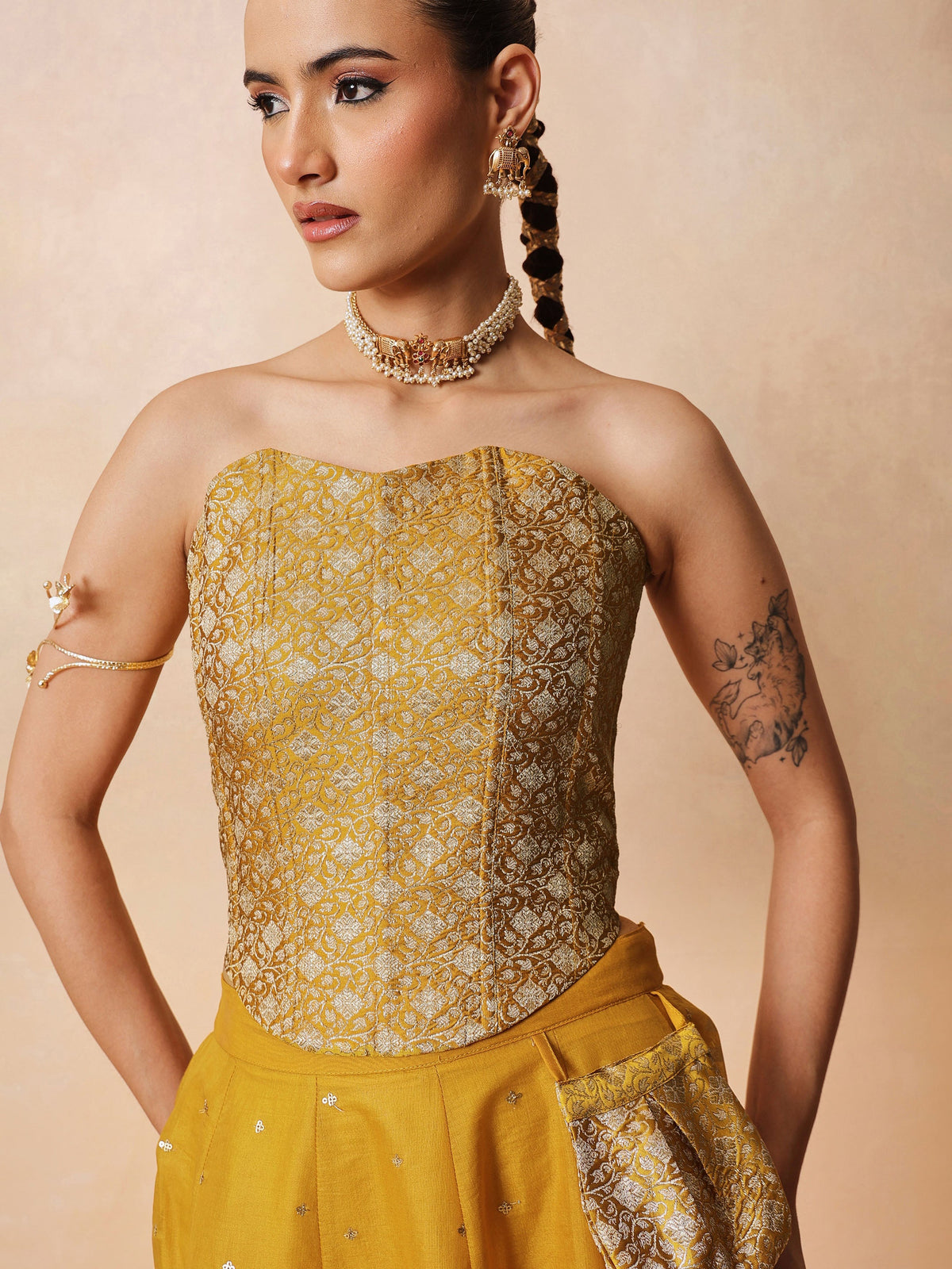 Women Yellow Brocade Corset Top With Chanderi Anarkali Skirt