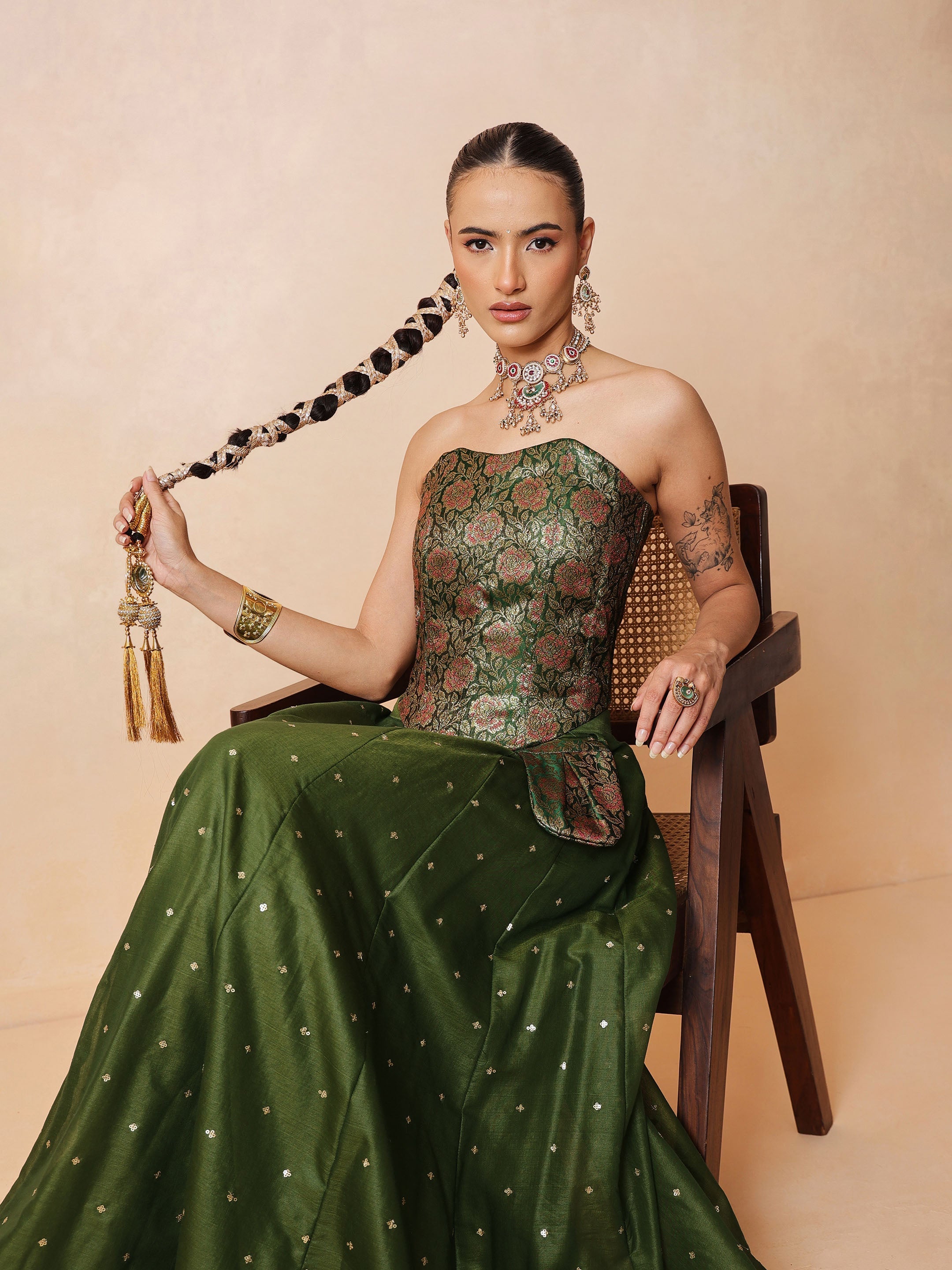 DesiQlo Olive Brocade Corset Top With Chanderi Anarkali Skirt - G