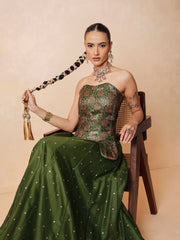 Women Olive Brocade Corset Top With Chanderi Anarkali Skirt