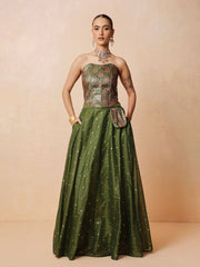 Women Olive Brocade Corset Top With Chanderi Anarkali Skirt