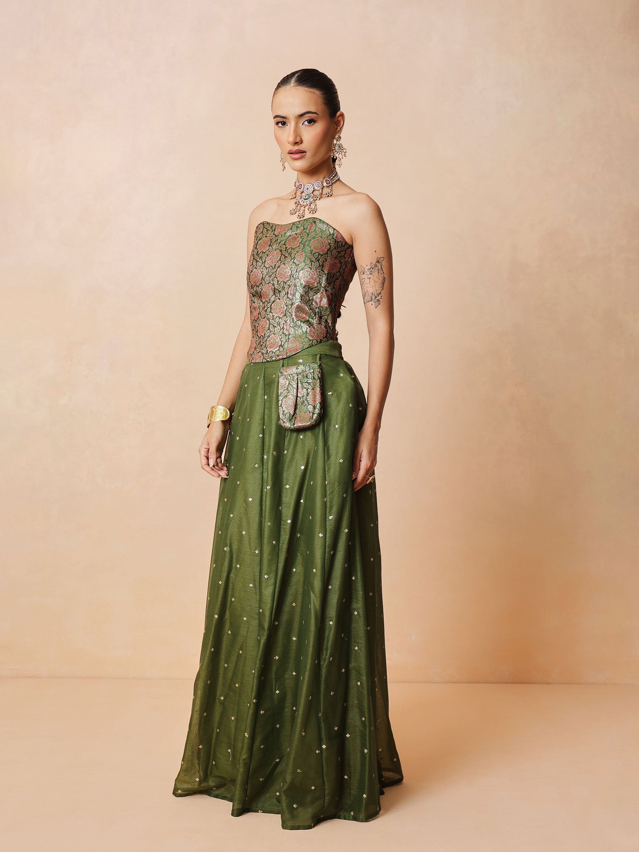 DesiQlo Olive Brocade Corset Top With Chanderi Anarkali Skirt - G