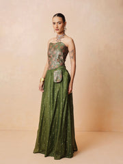 Women Olive Brocade Corset Top With Chanderi Anarkali Skirt