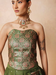 Women Olive Brocade Corset Top With Chanderi Anarkali Skirt