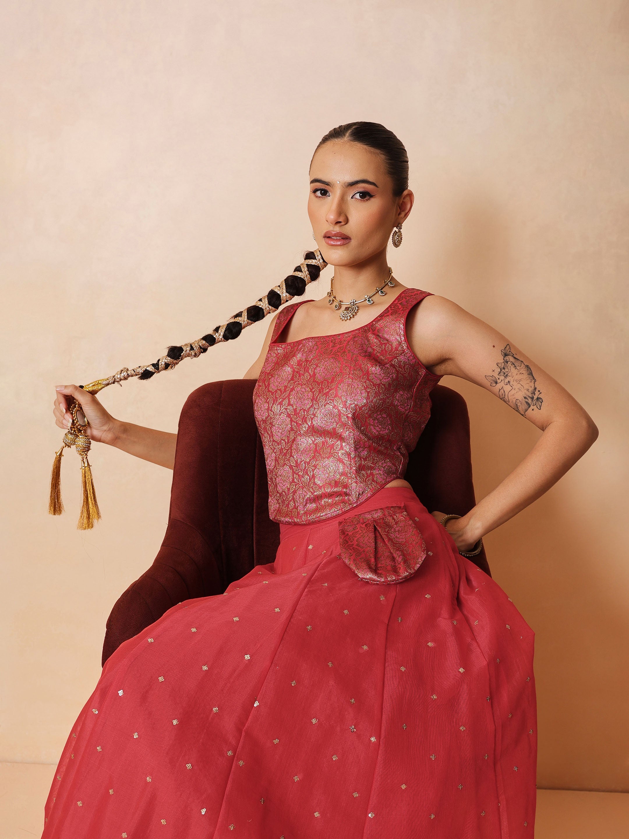 DesiQlo Red Brocade Corset Top With Chanderi Anarkali Skirt - Red