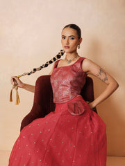 Women Red Brocade Corset Top With Chanderi Anarkali Skirt