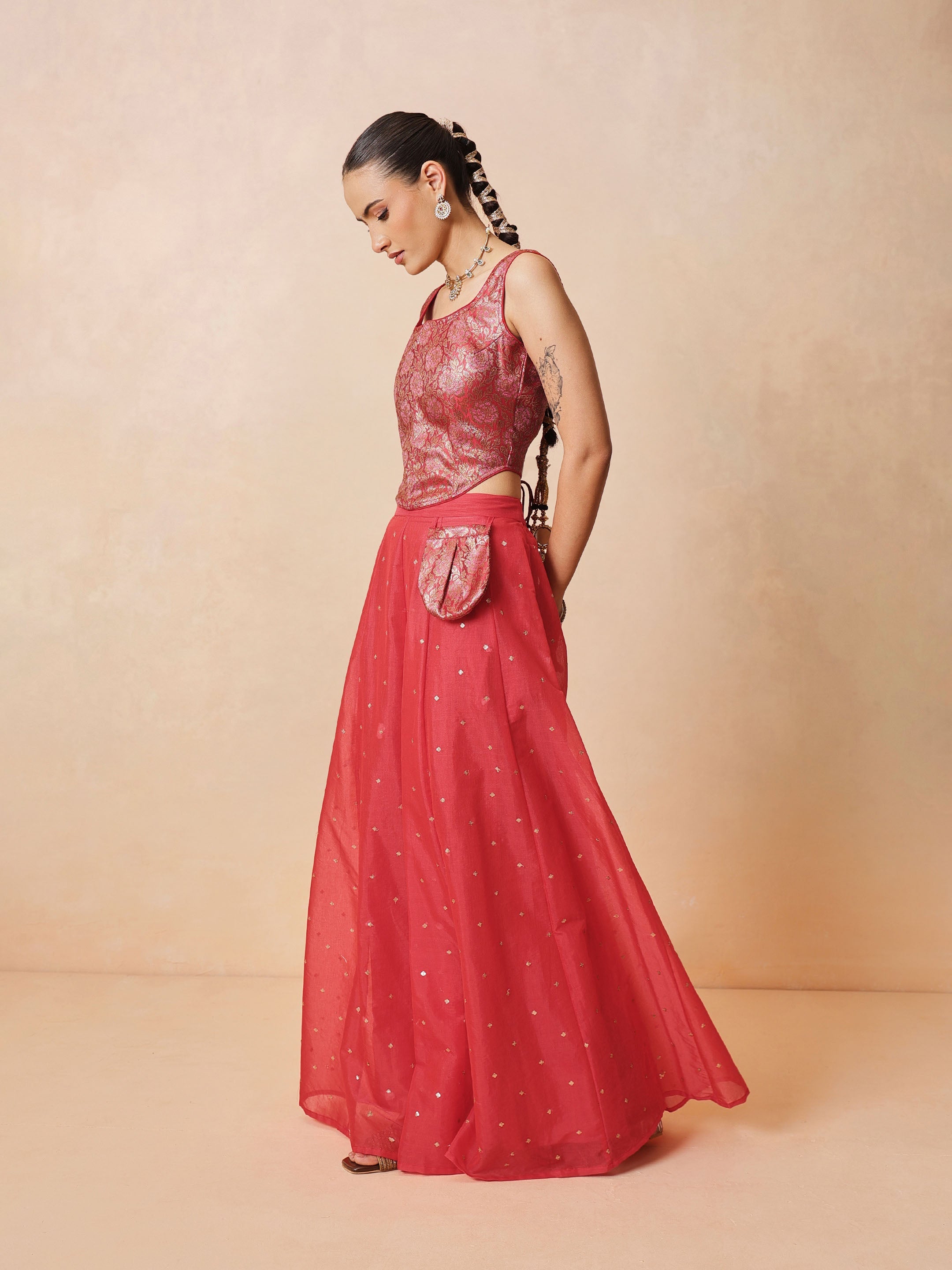 DesiQlo Red Brocade Corset Top With Chanderi Anarkali Skirt - Red