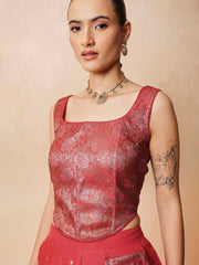 Women Red Brocade Corset Top With Chanderi Anarkali Skirt