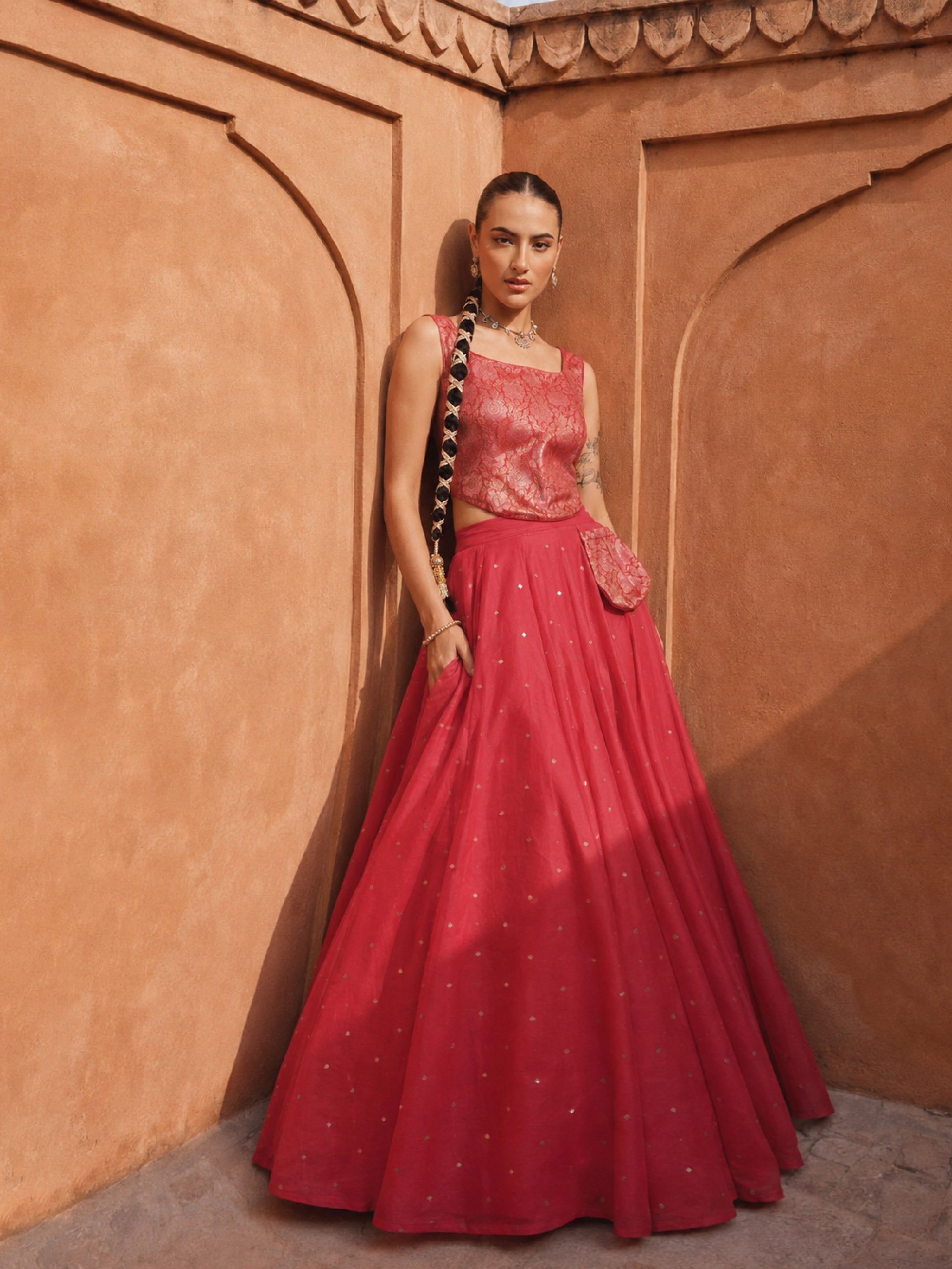 DesiQlo Red Brocade Corset Top With Chanderi Anarkali Skirt - Red