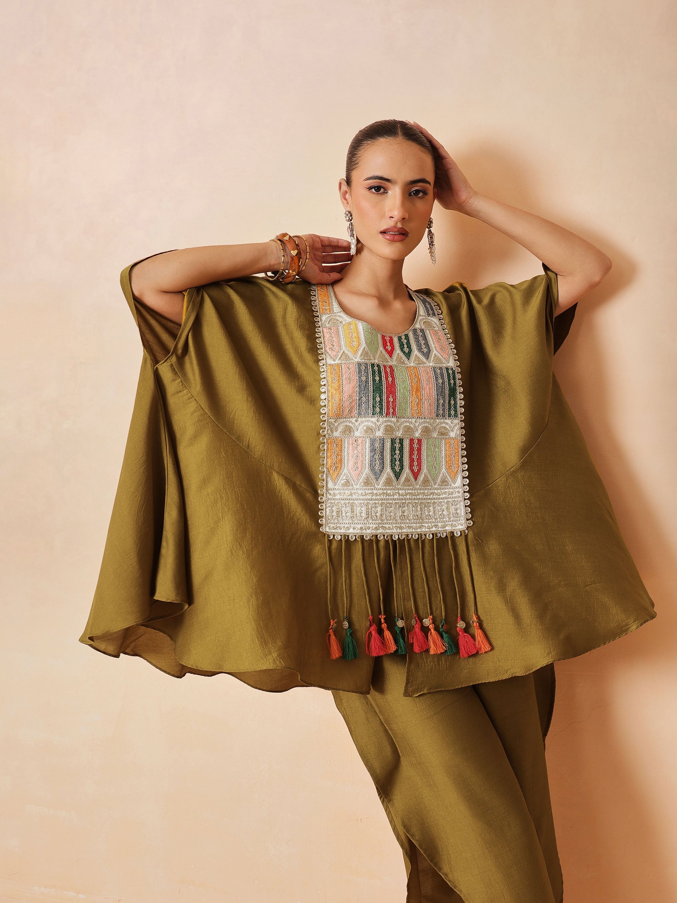 DesiQlo Mustard Embroidered Patch Kaftan With Tulip Pants - Musta