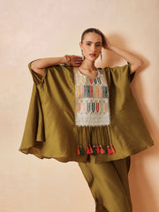 Women Mustard Embroidered Patch Kaftan With Tulip Pants